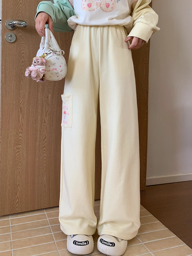 Wide-Leg Casual Pants Regular/Short Version Print Creamy Yellow Elastic Waist Teddy Bear