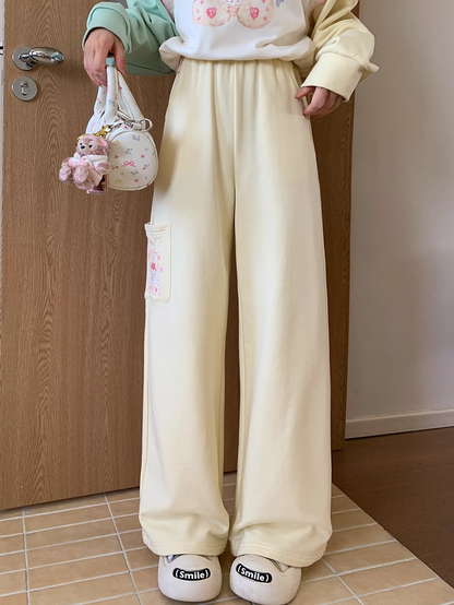 Wide-Leg Casual Pants Regular/Short Version Print Creamy Yellow Elastic Waist Teddy Bear