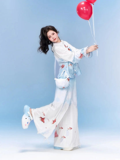 Goldfish Print Hooded Jacket and Wide Leg Pants Set - Zao Jing Ji