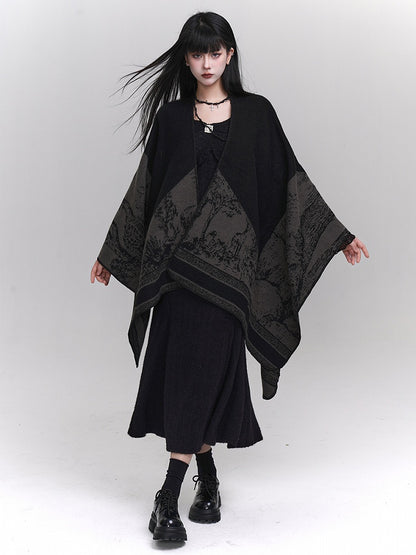 Ethnic Illustration Gothic Black Gray Poncho