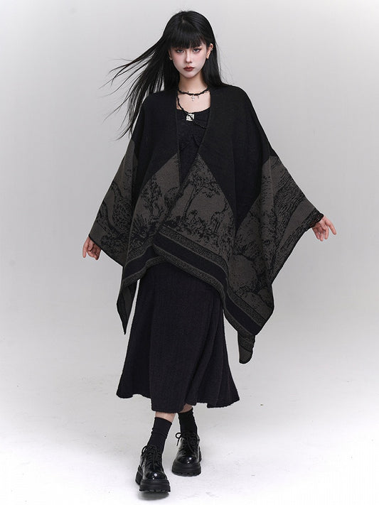 Ethnic Illustration Gothic Black Gray Poncho