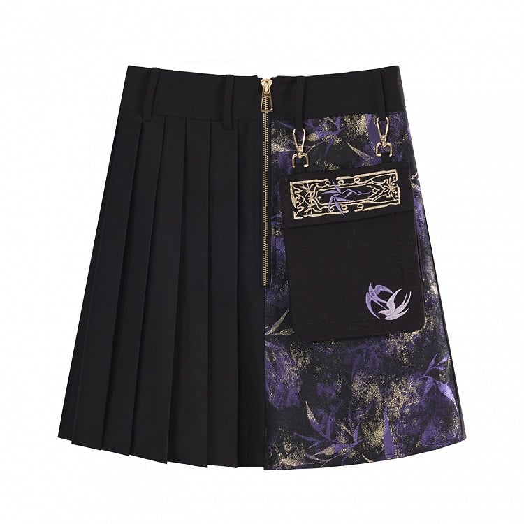 Cheongsam Pleated Patchwork Print Skirt Design - Style Golden Black Detachable Pocket
