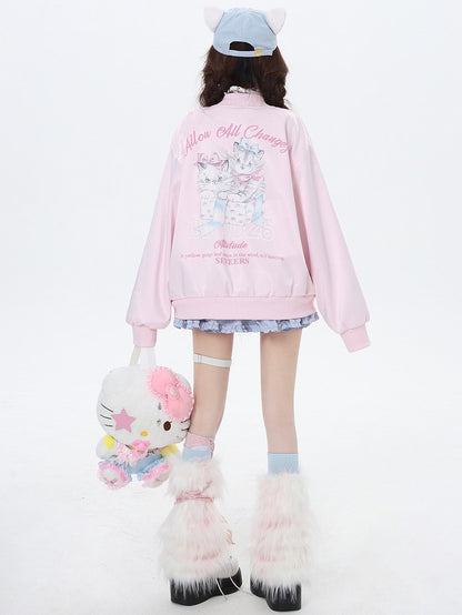 ライトブルー/ピンクのキャッツ スプリング ベースボール ジャケット