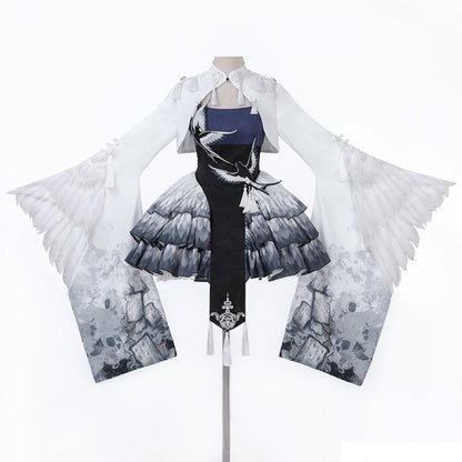 Lolita-Kleid mit Elster-Applikation, gestuftem Rock, Manschetten, weiten Ärmeln, kurzes Oberteil