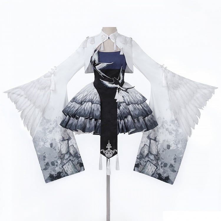 Lolita-Kleid mit Elster-Applikation, gestuftem Rock, Manschetten, weiten Ärmeln, kurzes Oberteil