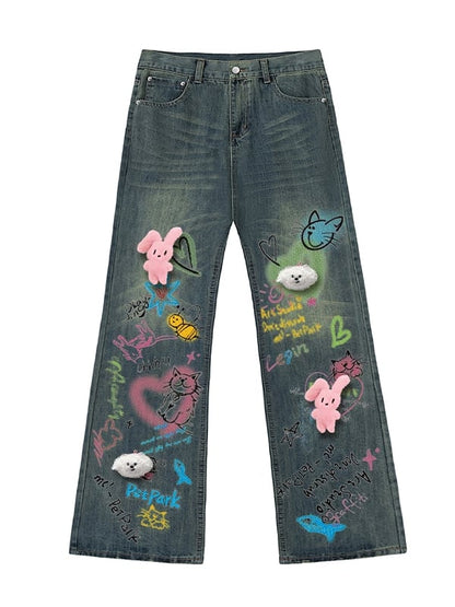 Blue Bunny Plushies Adorned Cats Graffiti Wide-leg Cut Jeans