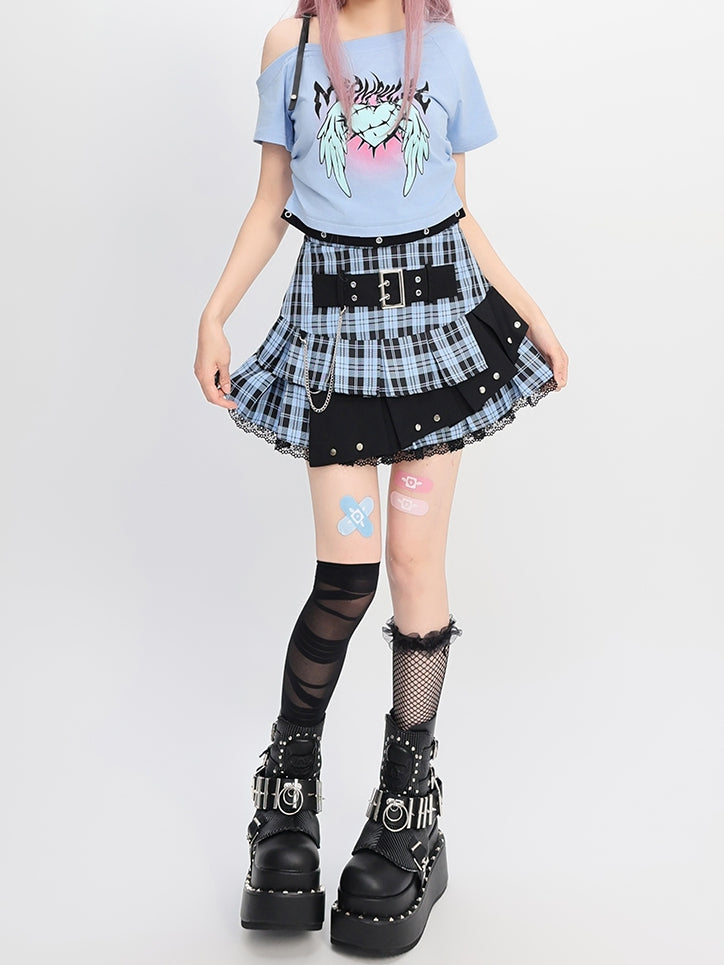 Y2K ライトブルー バックルストラップ ティアード チェックスカート
