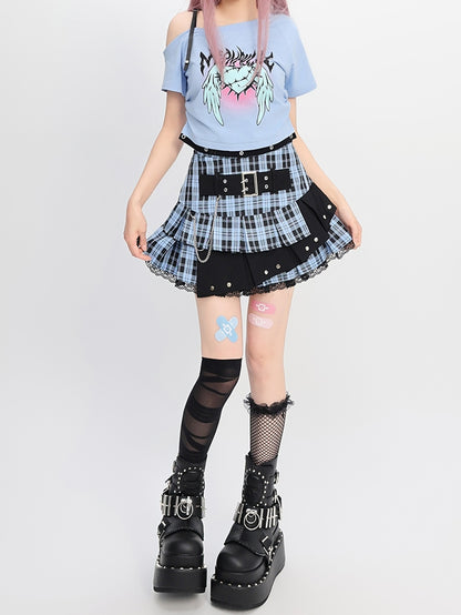 Y2K ライトブルー バックルストラップ ティアード チェックスカート