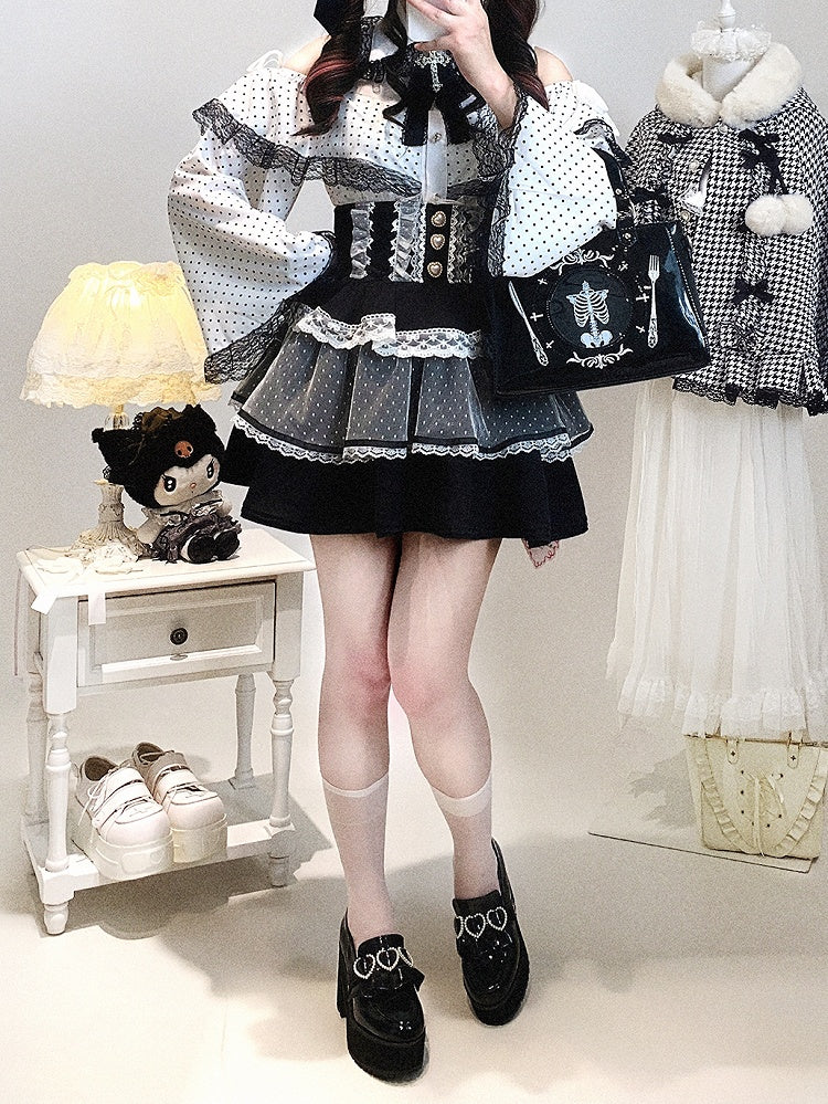 Jirai Sleeves Kei Polka-dot Bell / Blouse | White Pink