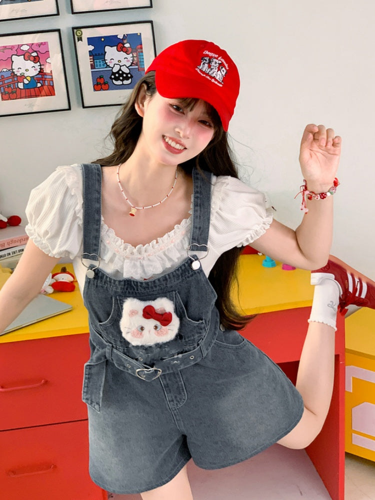 Herz Shorts Plüsch Kitty Denim Dunkelblau Verblasst Schnalle Waschen Gürtel Overall mit