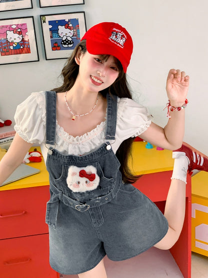 Herz Shorts Plüsch Kitty Denim Dunkelblau Verblasst Schnalle Waschen Gürtel Overall mit