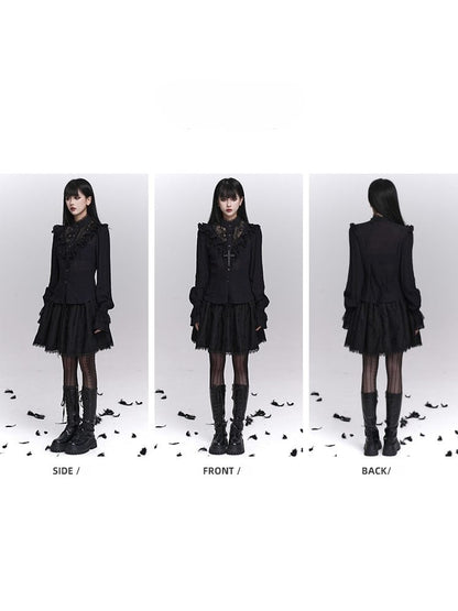 Floral Embroidery A-Line with Skirt Gothic Black Trim Lace