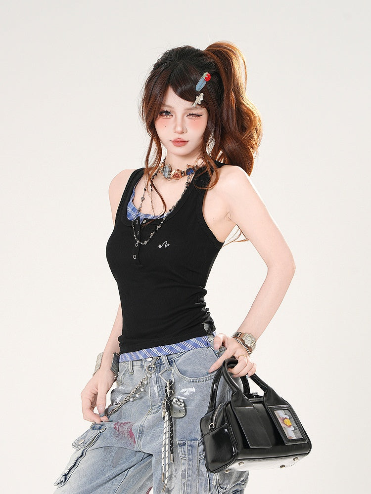 Tank Top Black and Blue Plaid Faux Two-pieces Slim-fitting