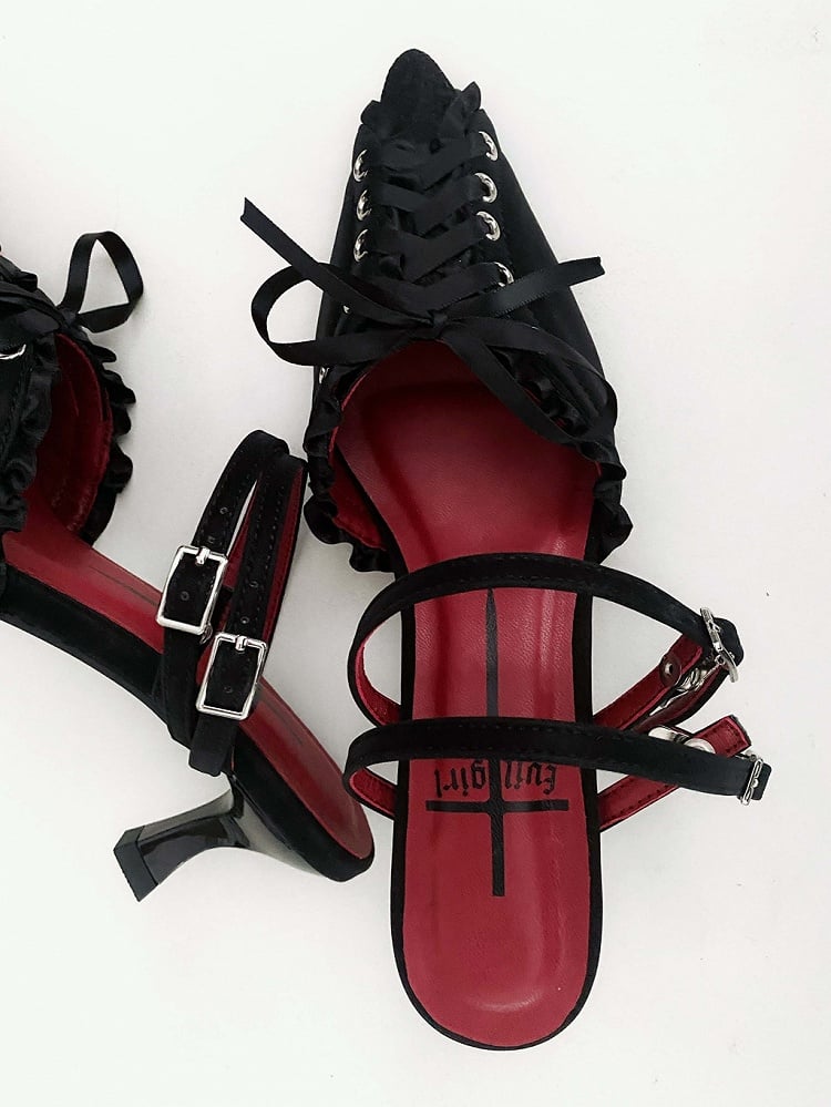 Slingback Spitz Gothic Detail Schnürsandalen Zehenpartie Schwarz