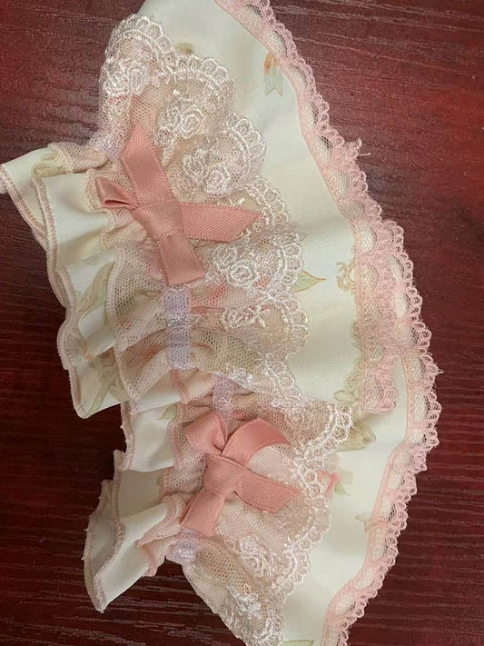 White & Pink Rose Print Lolita Wrist Cuffs with Lace - ZHIJINYUAN
