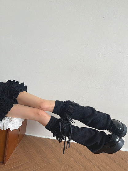 / Lace Accents Ribbon White Ribbed Leg Ruffled Warmers with Black