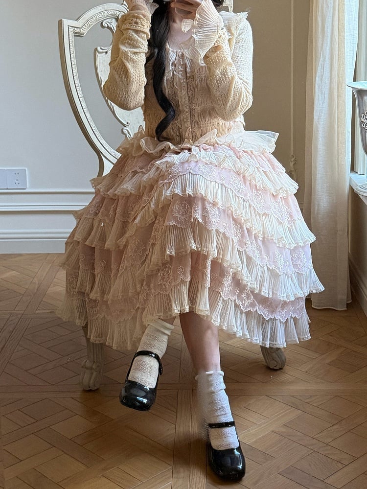 Tulle Details Skirt Beige Elegant Flower Embroidery with Pink Lolita Multi-Layered