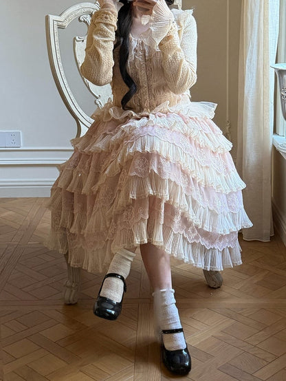 Tulle Details Skirt Beige Elegant Flower Embroidery with Pink Lolita Multi-Layered