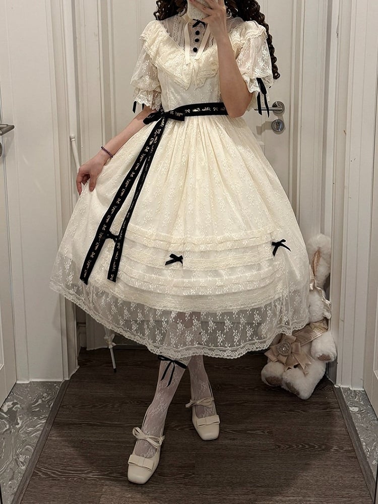 Two-Tone Beige and Black Lolita OP Gown with Edward Collar, Sheer Lace and Ribbon Trims - Miss Cube Dressworks