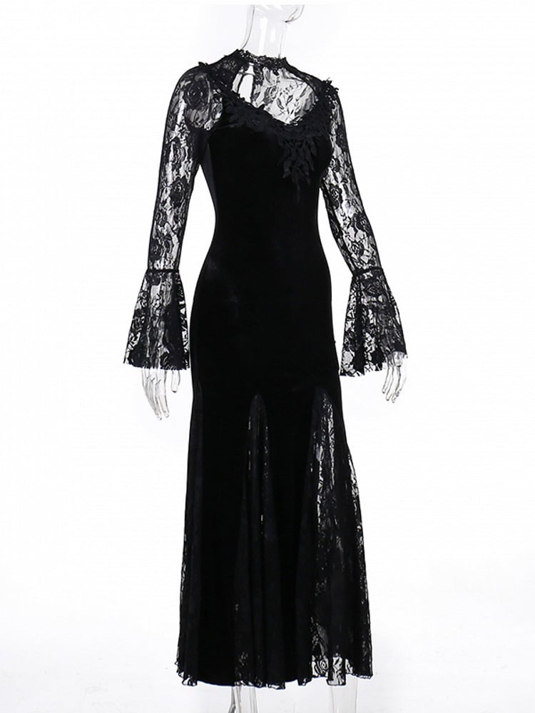 Halloween Gothic with Bell Sleeves Floral Mermaid Black Dress Lace