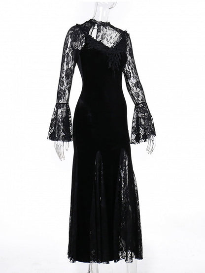 Halloween Gothic with Bell Sleeves Floral Mermaid Black Dress Lace