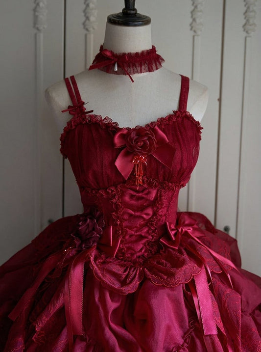 Classic Lolita Trim Red with Bow and Elegant Boned Top Lace Corset Accents Rose