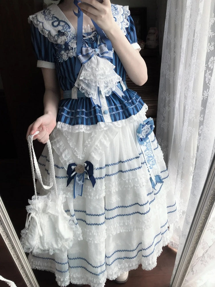 White Layered Sailor Lolita Skirt with Bow - Twin Bear Original Design