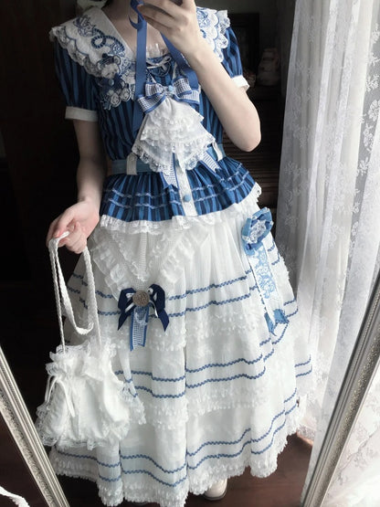 White Layered Sailor Lolita Skirt with Bow - Twin Bear Original Design
