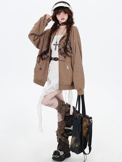 Brauner Frühlings-Kapuzenpullover mit Schmetterlingsapplikationen und Reißverschluss