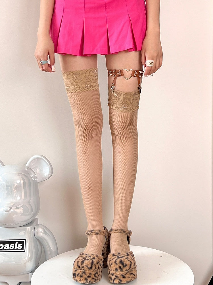 Schwarz/Rot/Khaki/Weiß Bittersüße Overknee-Strümpfe mit Spitzenbesatz