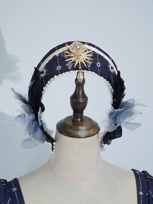 Blue Dark Headpiece Tiara Decorated Flower and Feather