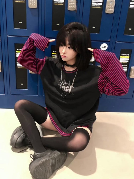 Red Top Y2K Color Print Striped Block Black Skeleton with