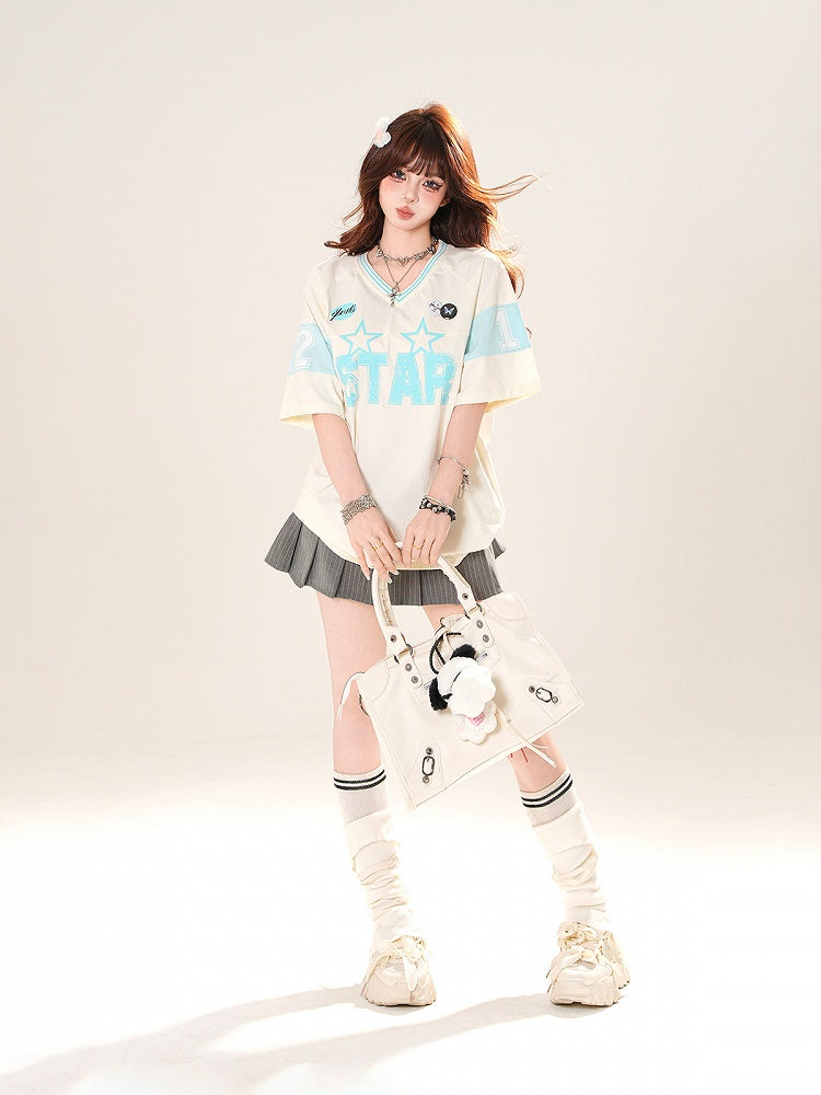 ブラック/ホワイト Vネック レタープリント ブロケット コア Tシャツ