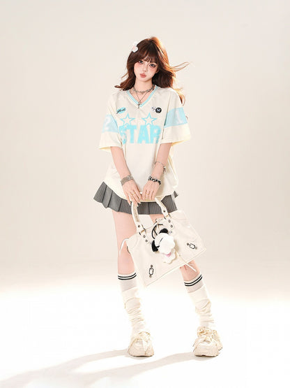 ブラック/ホワイト Vネック レタープリント ブロケット コア Tシャツ