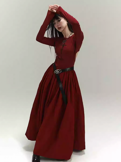 Gothic Wine Red Cross Backless/Covered-Back Slim-fitting Dress