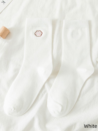 Kitten Cotton Sweet Socks White/Black/Beige Paw Embroidered