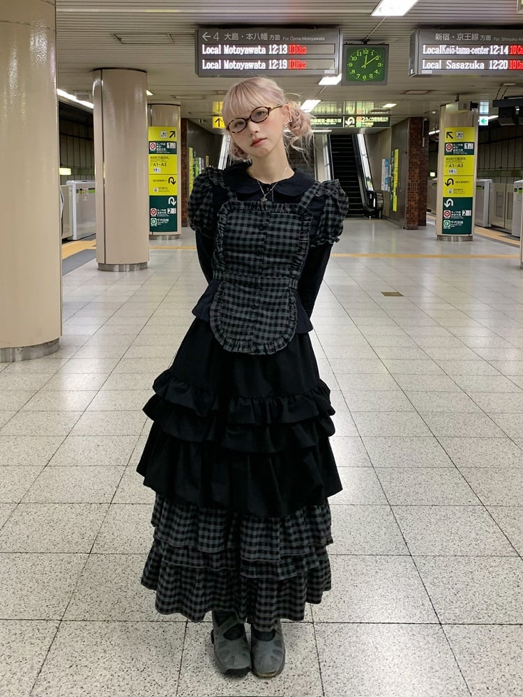 with Plaid Skirt Ankle Length Apron Tiered Trim Ruffle