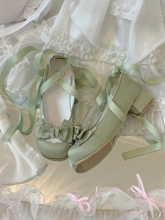 3.5cm Heeled Sweet Lolita Green Ballet Shoes - Bow at Top & Wrap-Around Ankle Tie