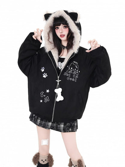 Cozy Suede Cat-Ear Hooded Coat with Plush Lining and Embroidered Cat Details Black/Apricot