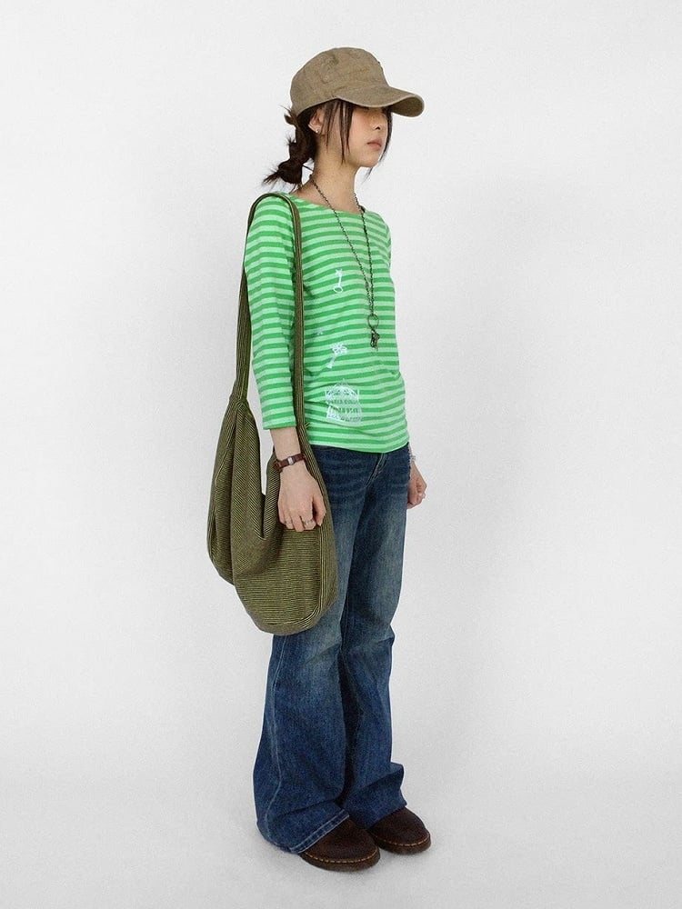 Green Striped Wide Round Neck Long Sleeve T-shirt with Key and Iron Gate Print - innomoood
