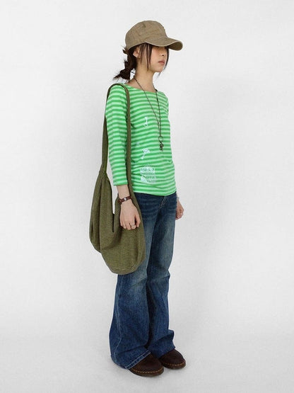 Green Striped Wide Round Neck Long Sleeve T-shirt with Key and Iron Gate Print - innomoood