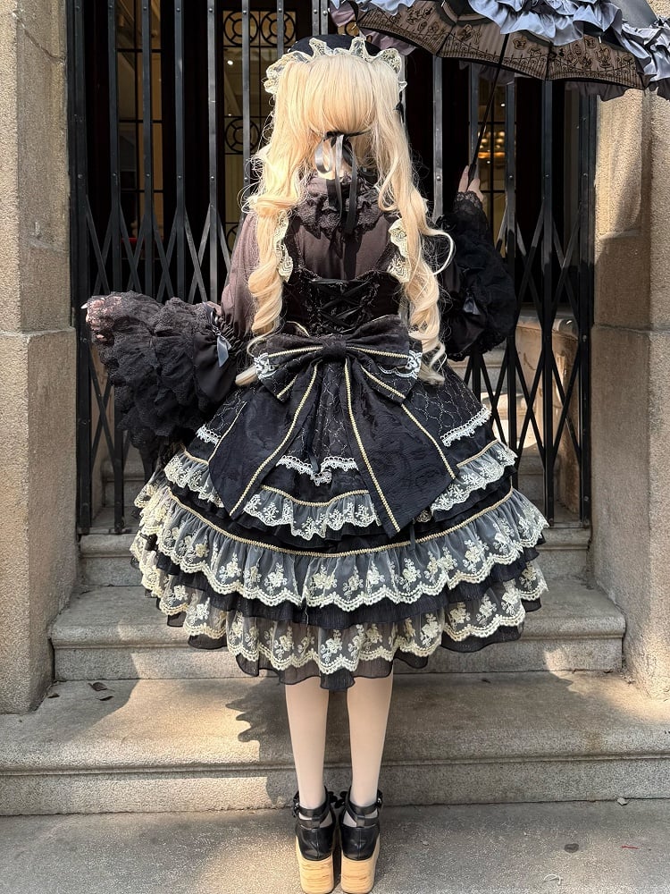 Princess Neckline Lolita Chain Gorgeous Bead Black Bow Flower Dress