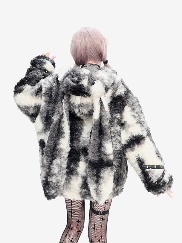 Coat with Adorable Bunny Ears and Crossed Strap Sleeves Beige Black Plush Faux Fur Hooded Duffle