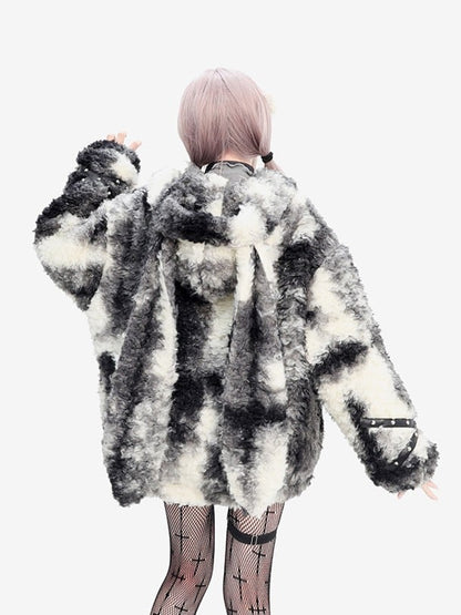 Coat with Adorable Bunny Ears and Crossed Strap Sleeves Beige Black Plush Faux Fur Hooded Duffle