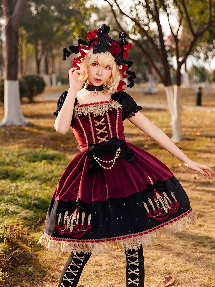 Polka Chandelier Lolita Red Suede Black Dot Sweet and Bows Dress Print with Wine