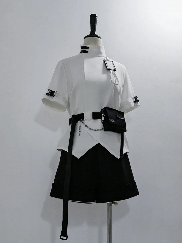 Futuristic Fashion Buckle Collar Techwear White Sleeves Short High Ouji Top