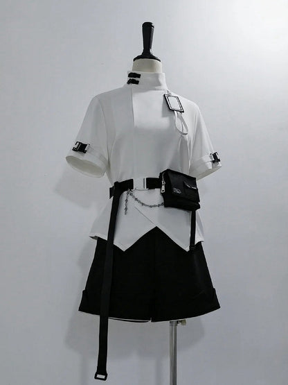 Futuristic Fashion Buckle Collar Techwear White Sleeves Short High Ouji Top