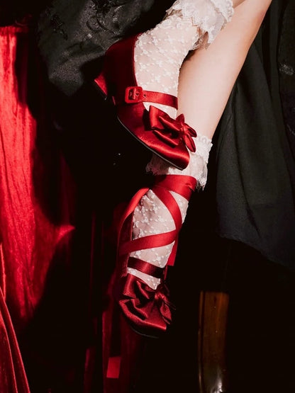 Bow Red Toe Wine Ankle Middle Heels Lace-up Lolita at Top - Elegant Square