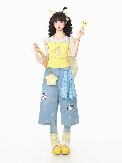 Sweet Cool Kawaii Yellow Fake Two-Piece Halter Camisole Top with Star and Lemon Prints - Languid Park