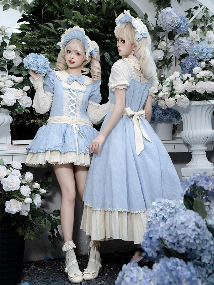 Tea Set and Trims Ruffle Beige Dress Elegant Full Flounce Length Lolita Blue Hem JSK